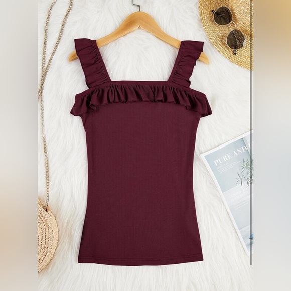 Womens Sleeveless Tank Top Ruffle Strap Square Neck Solid Color Knitted Camisole - Picture 5 of 5